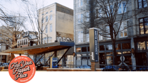 Broad Street Arts District Pulse Bus Stop is shown in front of buildings