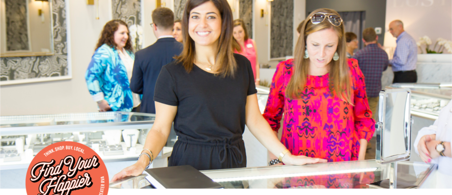 Lustre's jewelry showroom and glass cases with two girls behind it