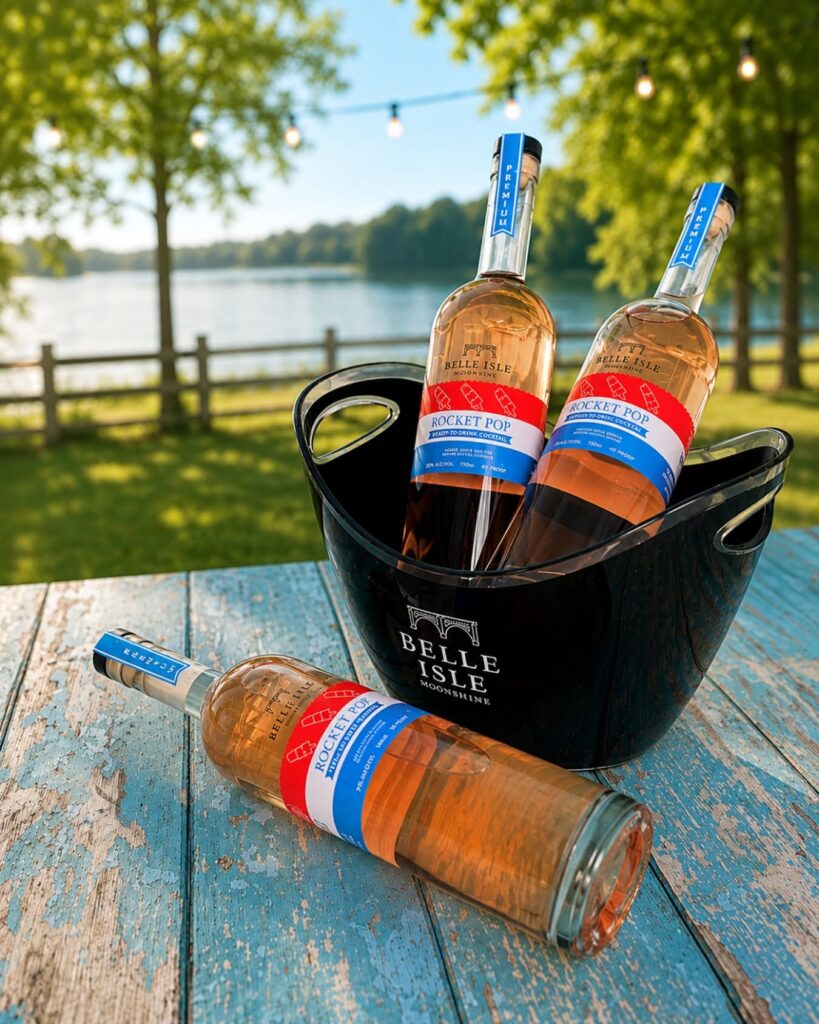 A bucket of bottles of Belle Isle Rocket Pop on a blue picnic table set against a summer sky with water behind it. 